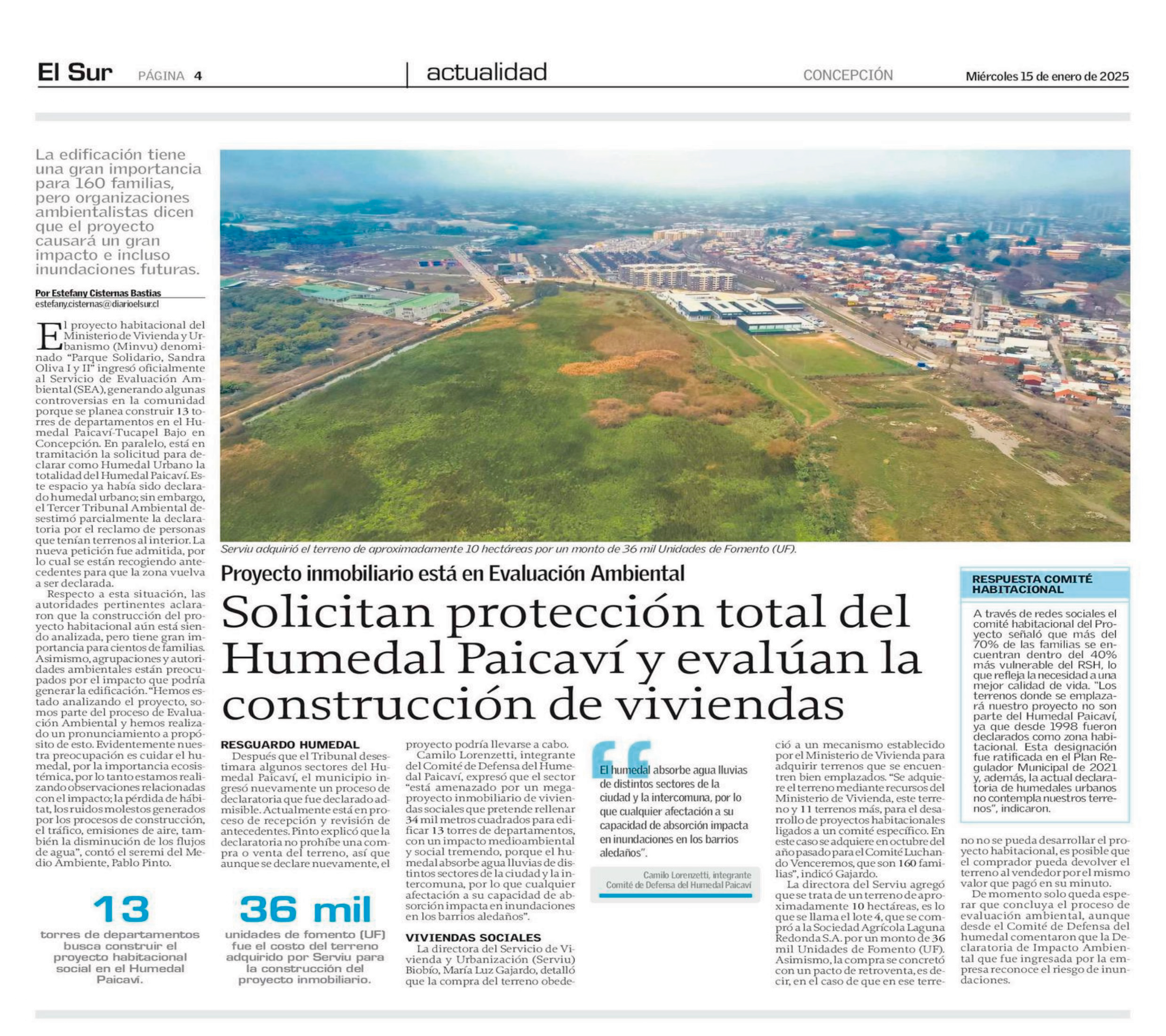 [Diario El Sur] Solicitan protección total del Humedal Paicaví y evalúan la construcción de viviendas